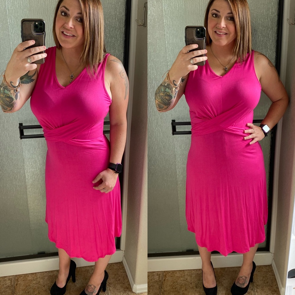 SALE! Fuchsia Hot Pink Wrap Midi Dress
